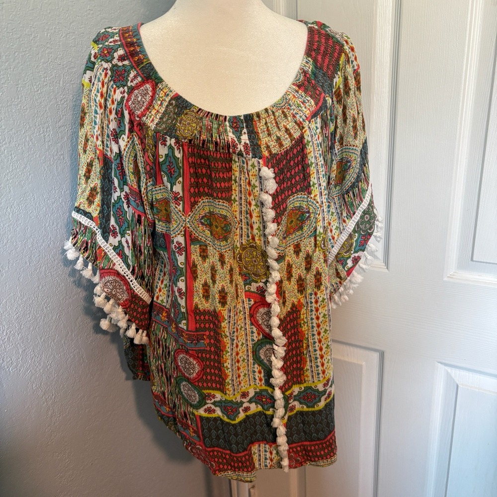 Ali Miles Patchwork Paisley Pom Pom Trim Flutter Sleeve Multicolor Print Top XL - Picture 2 of 16